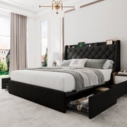 Honfach Queen Bed Frame with 4 Storage Drawers, Upholstered Storage Bed with Charging Station, Wingback Storage Headboard, No Box Spring Needed,Black
