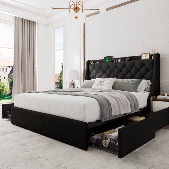Honfach Queen Bed Frame with 4 Storage Drawers, Upholstered Storage Bed with Charging Station, Wingback Storage Headboard, No Box Spring Needed,Black