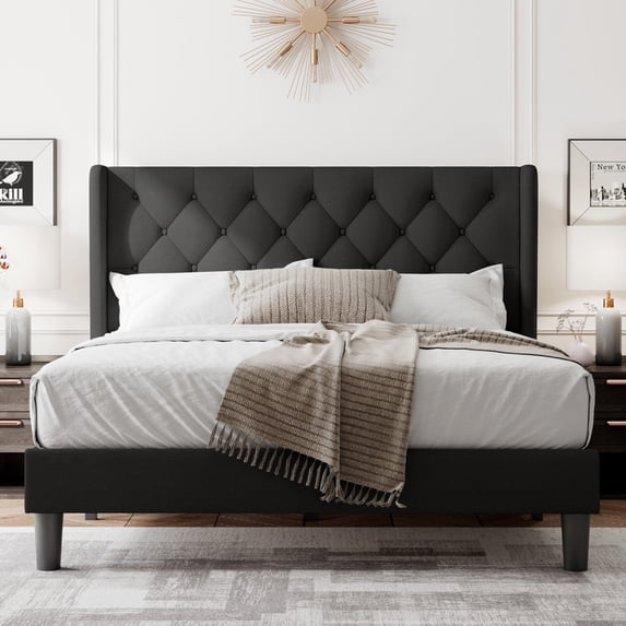 Feonase Queen Size Bed Frame with Upholstered Wingback Headboard,Button Tufted Platform Bed and Heavy Duty Wooden Slats Support,Easy Assembly, Noise-Free,No Box Spring Needed, Black