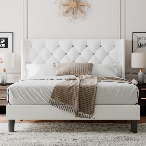 Feonase Queen Size Bed Frame with Upholstered Wingback Headboard, Platform Bed and Heavy Duty Wooden Slats Support, Easy Assembly, Noise-Free, No Box Spring Needed, White