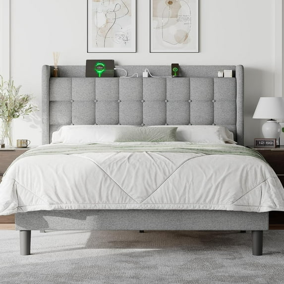Feonase Queen Size Bed Frame with Charging Station,Upholstered Platform Bed Frame with Wingback Storage Headboard, No Box Spring Needed,Light Grey