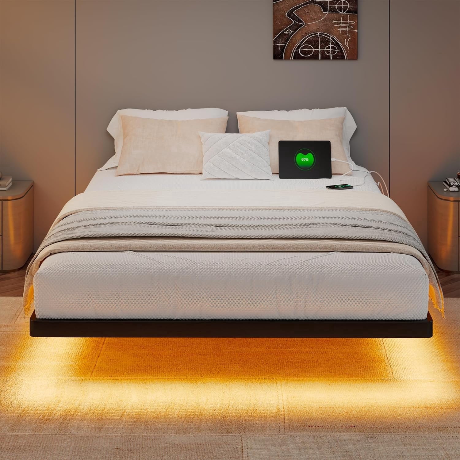 Honfach Queen Size Floating Bed Frame with Led Lights and Charging Station, Metal Bed Frame with Heavy Duty Steel Slats Supports, Black