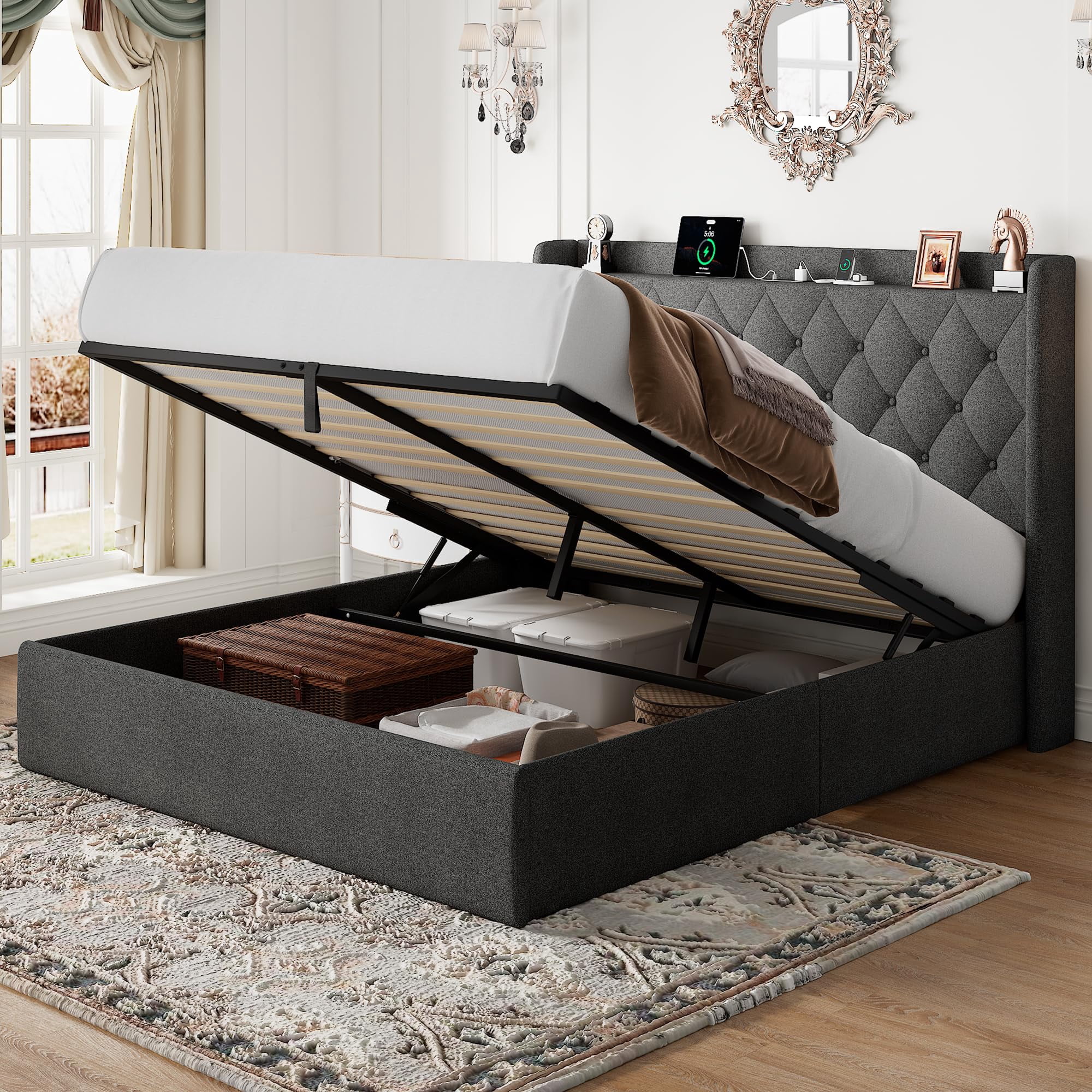 Feonase Queen Size Lift Up Storage Bed Frame with Charging Station ...