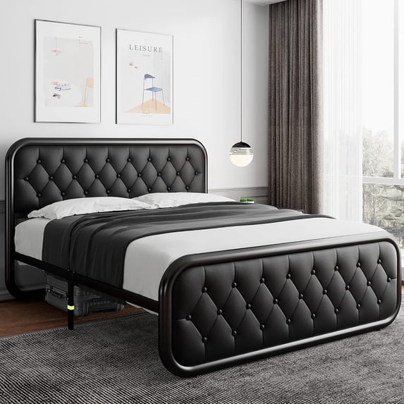 Honfach Queen Size Metal Bed Frame with Leather Headboard, Heavy-Duty Platform Bed Frame, Thicker Metal Steel Slats Support, 12'' Under-Bed Space, Black