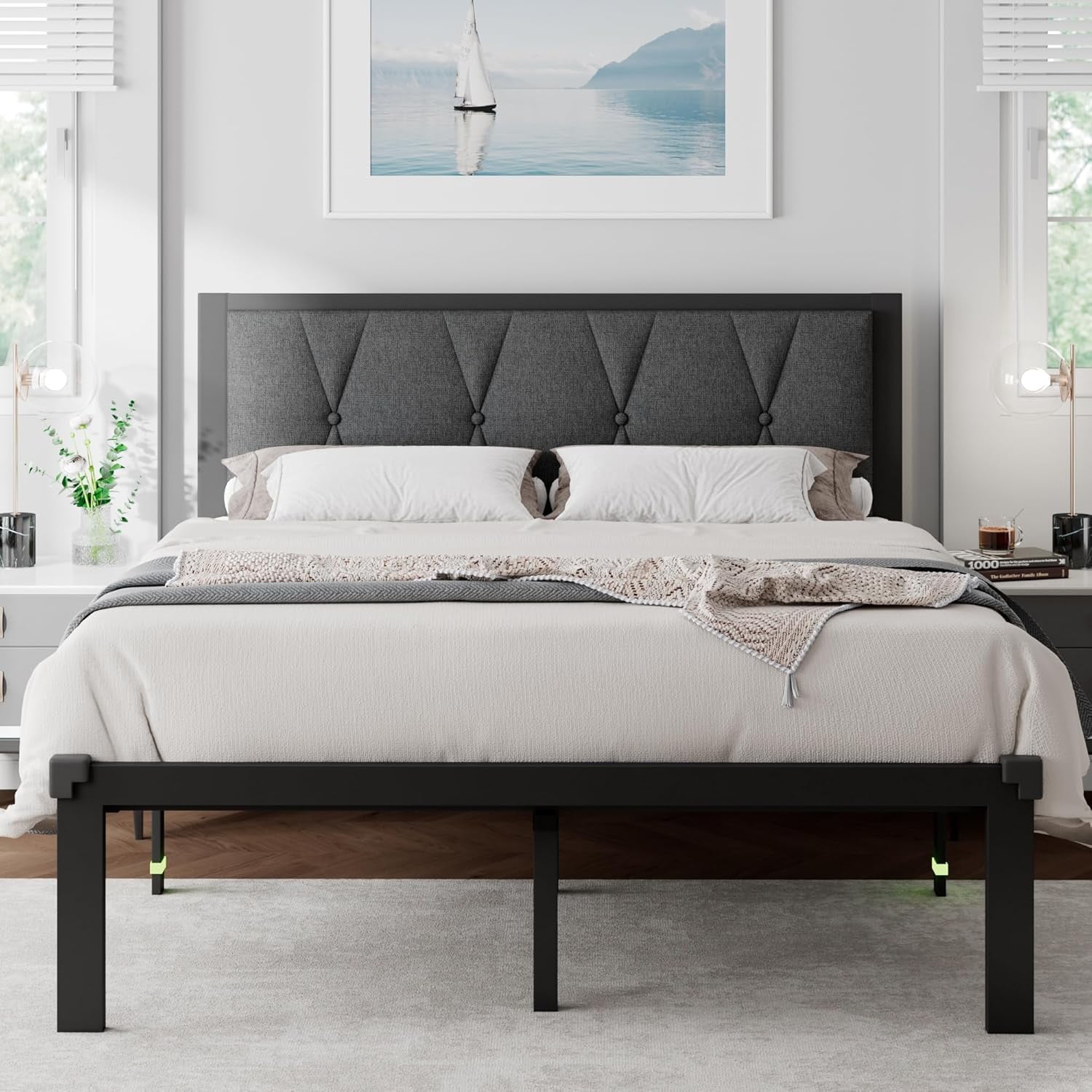 Feonase Queen Size Metal Bed Frame with Fabric Button Tufted Headboard,Heavy Duty Metal Slats, Noise Free, No Box Spring Needed, Dark Grey