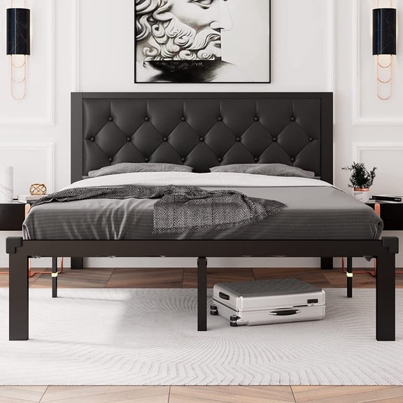 Honfach Queen Size Metal Platform Bed Frame with Faux Leather Upholstered Button Tufted Headboard, Mattress Foundation with 12” Storage, Steel Slats SupportNo Box Spring Needed, Easy Assembly, Black