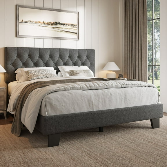 Honfach Queen Size Velvet Bed Frame with Upholstered Button Tufted Headboard, Platform Bed with Wooden Slats Support, No Box Spring Needed, Easy Assembly, Noise-Free,Dark Gray