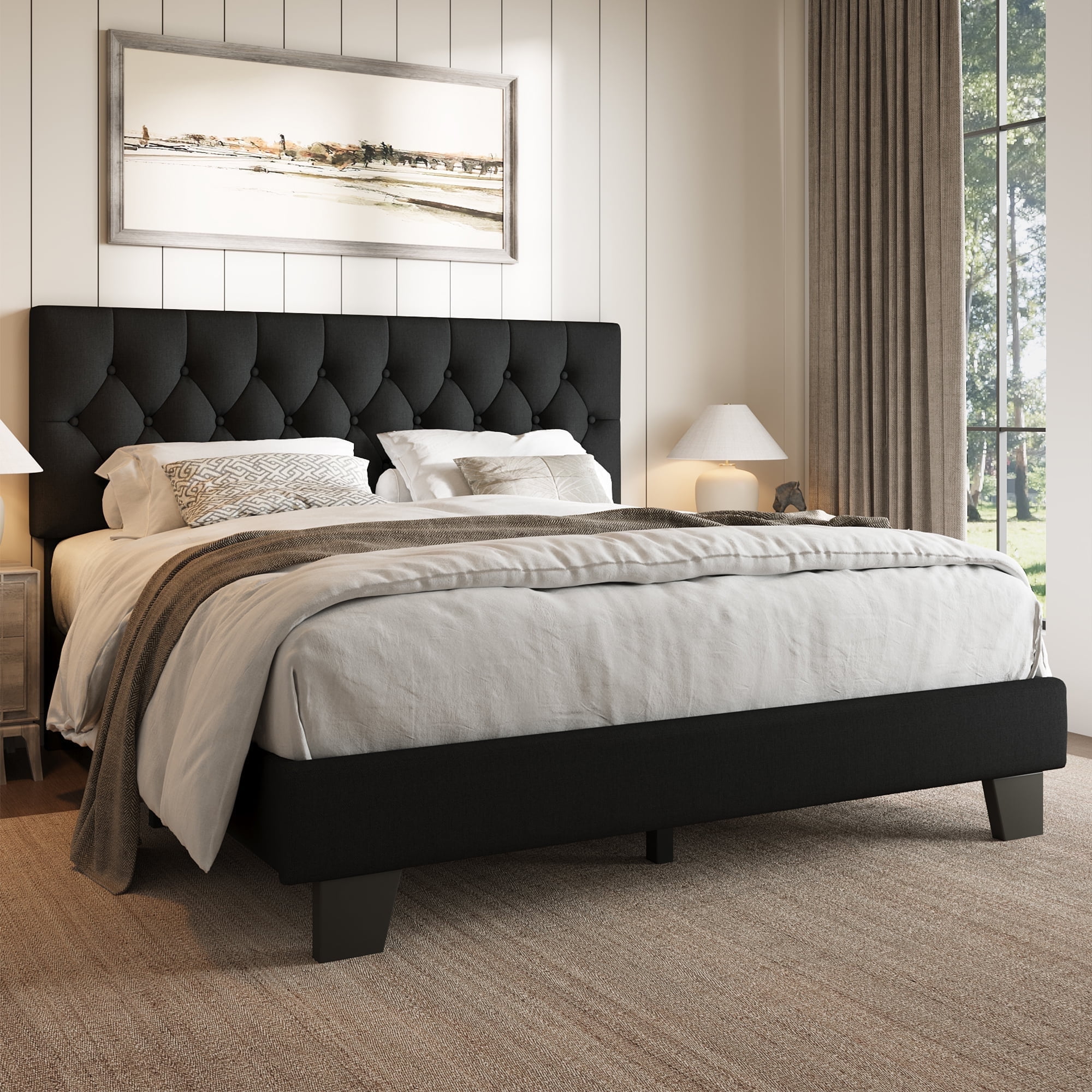 Honfach Queen Size Velvet Bed Frame with Upholstered Button Tufted Headboard, Platform Bed with Wooden Slats Support, Black