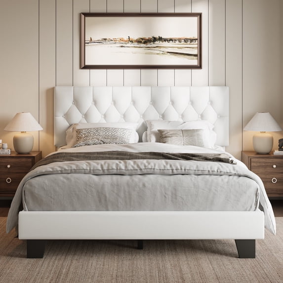 Honfach Queen Size Velvet Bed Frame with Upholstered Button Tufted Headboard, Platform Bed with Wooden Slats Support, White