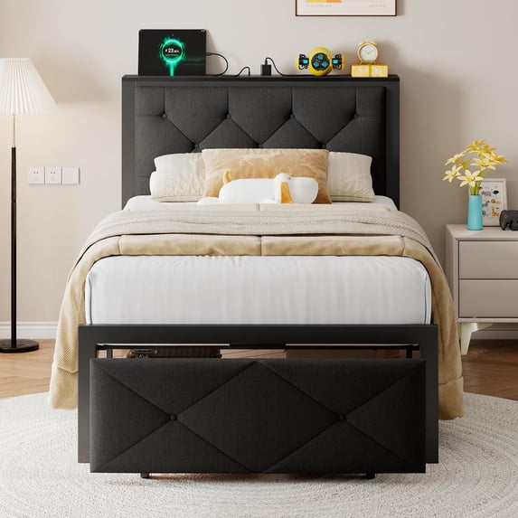 Honfach Twin Bed Frame with Storage Drawer, Metal Platform Bed with Charging Station, Upholstered Button Tufted Storage Headboard, Black
