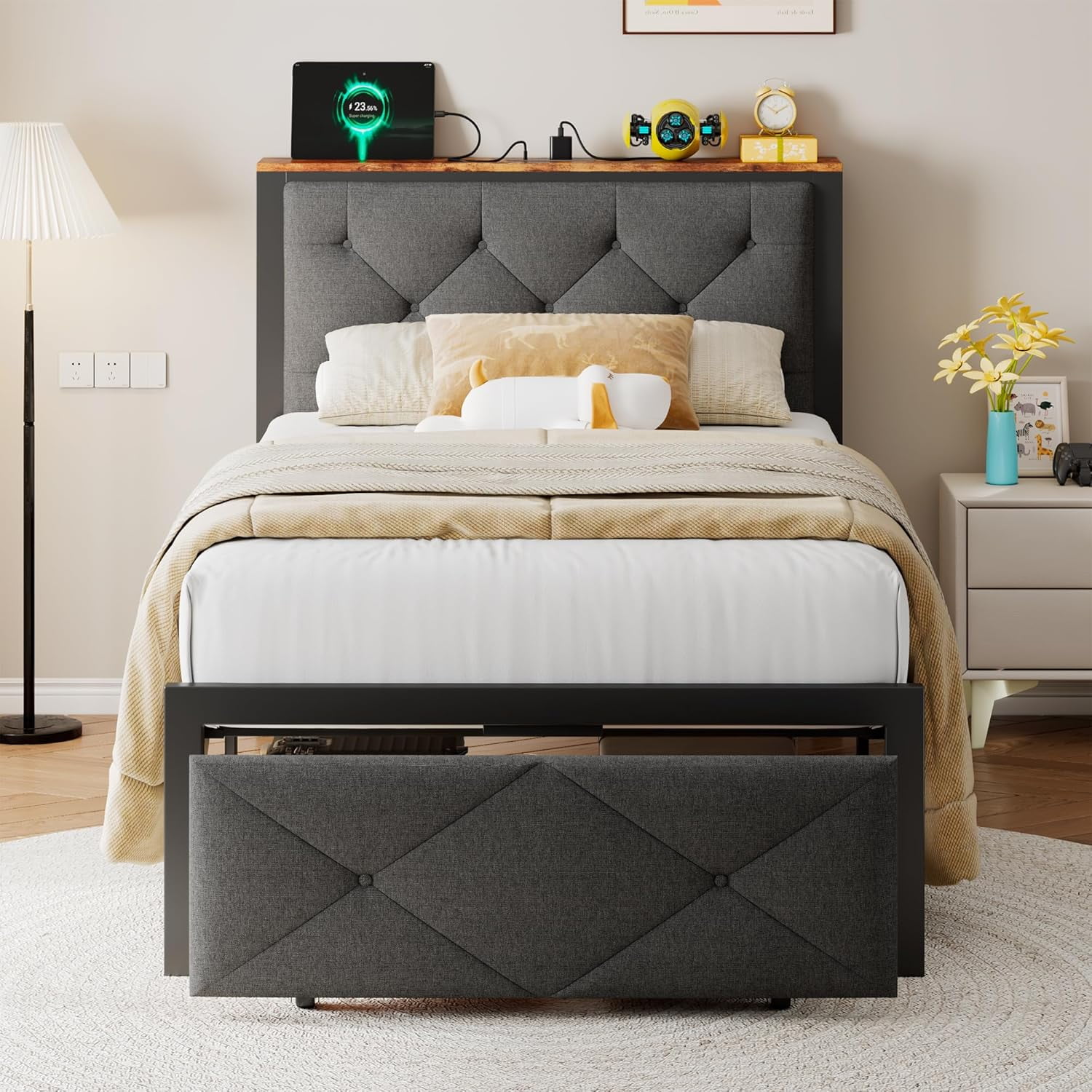 Honfach Twin Bed Frame with Storage Drawer, Linen Upholstered Headboard Platform Bed with Charging Station, No Box Spring Required, Quiet Operation, Easy Assembly, Gray