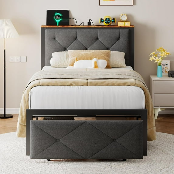 Honfach Twin Bed Frame with Storage Drawer, Linen Upholstered Headboard Platform Bed with Charging Station, No Box Spring Required, Quiet Operation, Easy Assembly, Gray