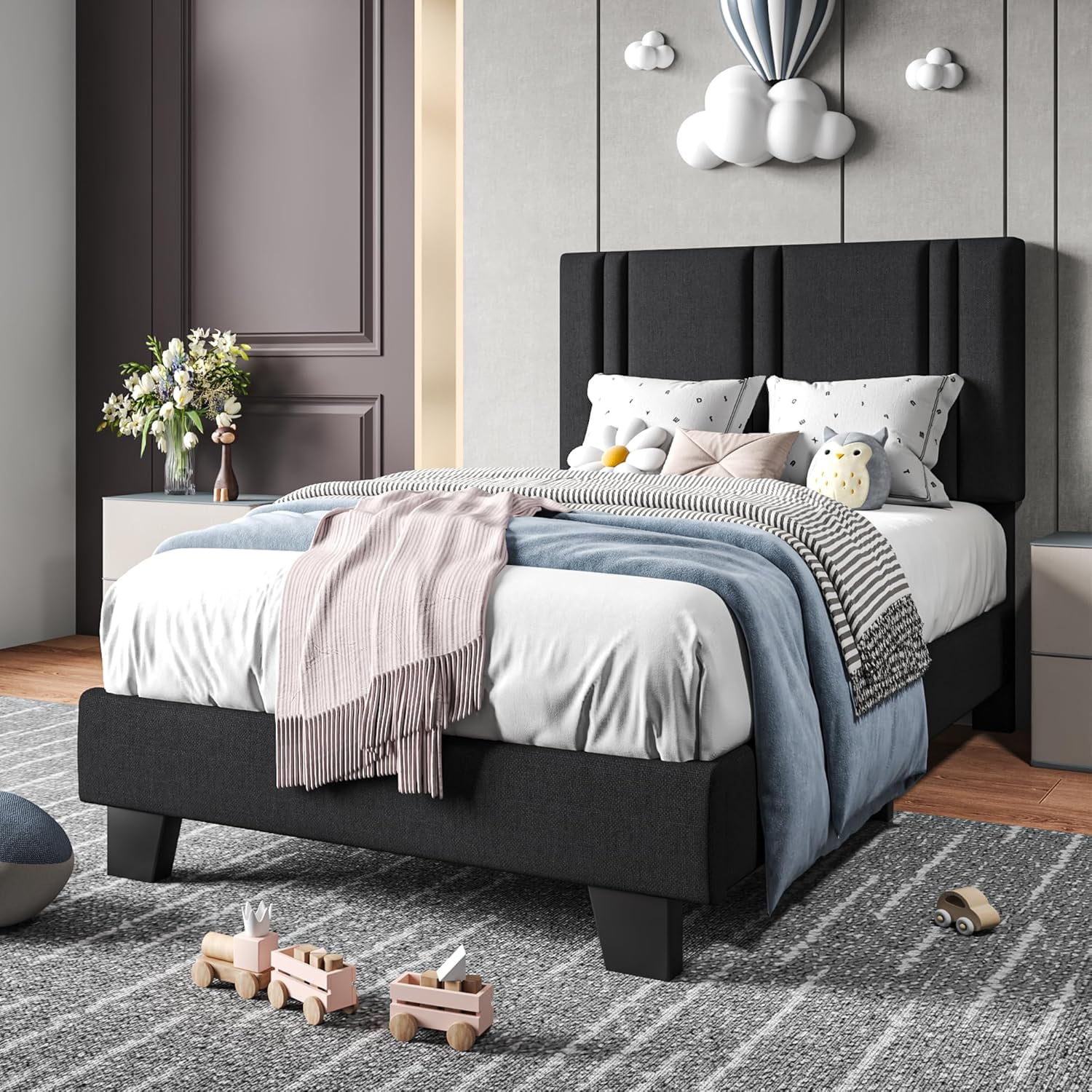 Honfach Twin Bed Frame, Velvet Upholstered Platform Bed Frame, Solid Wood Slats & Heavy Duty Feet Support, No Box Spring Needed, Noise-Free, Easy Assembly, Black