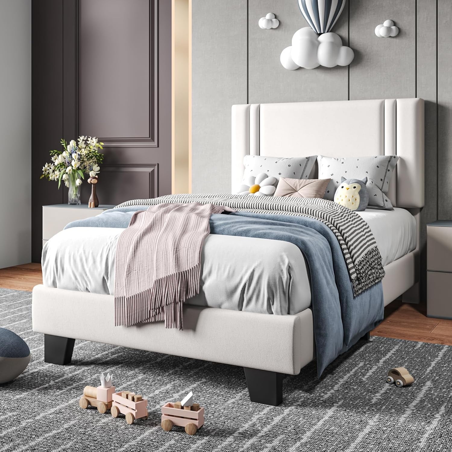 Honfach Twin Bed Frame, Velvet Upholstered Platform Bed Frame, Solid Wood Slats & Heavy Duty Feet Support, No Box Spring Needed, Noise-Free, Easy Assembly, White