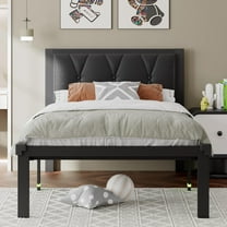 Feonase Twin Size Metal Bed Frame with Faux Leather Button Tufted Headboard, Easy Assembly, Black
