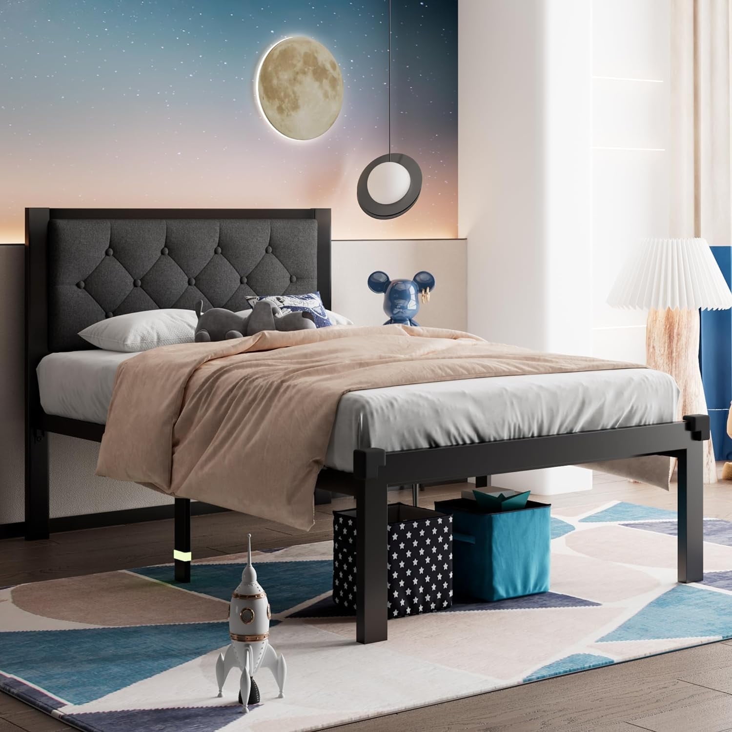 Feonase Twin Size Metal Platform Bed Frame with Linen Upholstered Headboard, 12" Under-Bed Space, Steel Slats Suppor, Black