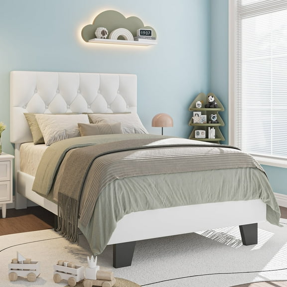 Honfach Twin Size Velvet Bed Frame with Upholstered Button Tufted Headboard, Platform Bed with Wooden Slats Support, No Box Spring Needed, Easy Assembly, Noise-Free, White
