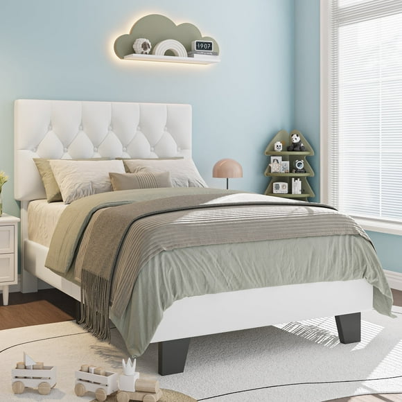 Honfach Twin Size Velvet Bed Frame with Upholstered Button Tufted Headboard, Platform Bed with Wooden Slats Support, No Box Spring Needed, Easy Assembly, Noise-Free, White