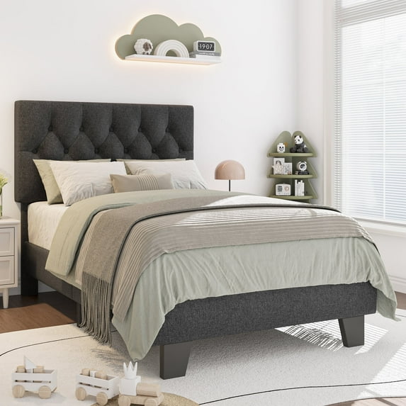Honfach Twin Size Velvet Bed Frame with Upholstered Button Tufted Headboard, Platform Bed with Wooden Slats Support,Dark Gray