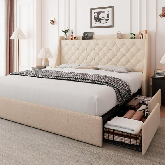 Feonase Upholstered Full Size Bed Frame with 4 Storage Drawers, Charging Station and Tufted Wingback Storage Headboard, No Box Spring Needed, Easy Assembly, Beige