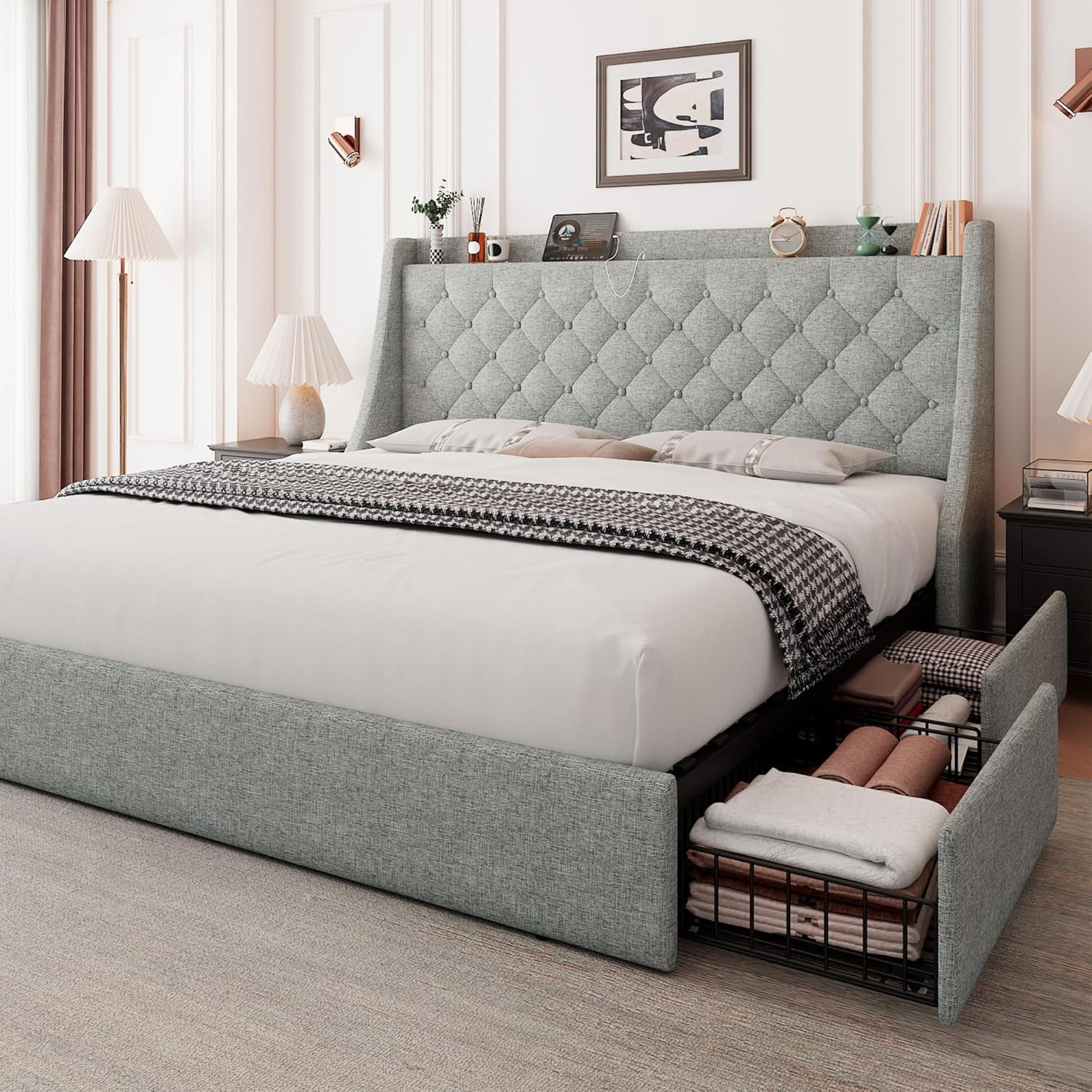 Feonase Upholstered Full Size Bed Frame with 4 Storage Drawers ...