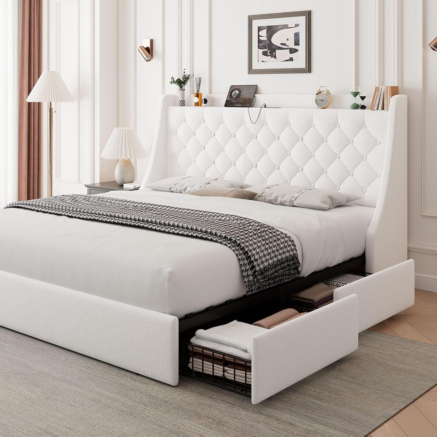 Feonase Upholstered Full Size Bed Frame with 4 Storage Drawers ...