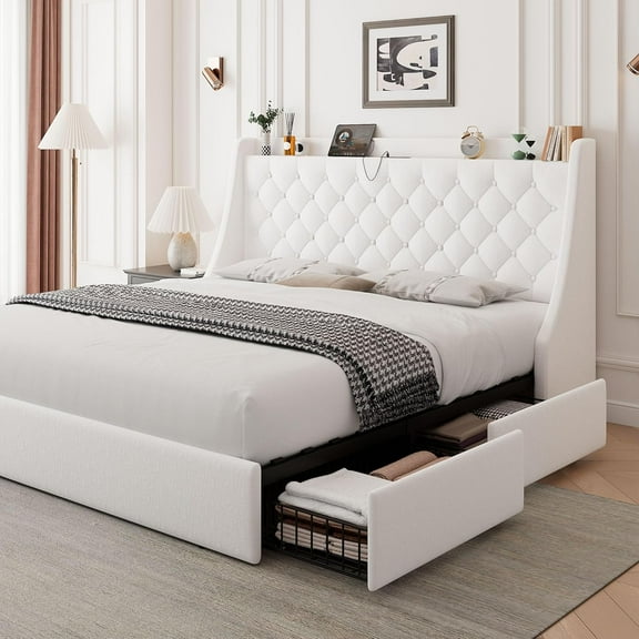Feonase Upholstered Full Size Bed Frame with 4 Storage Drawers, Charging Station, Tufted Wingback Storage Headboard, No Box Spring Needed, Easy Assembly, White