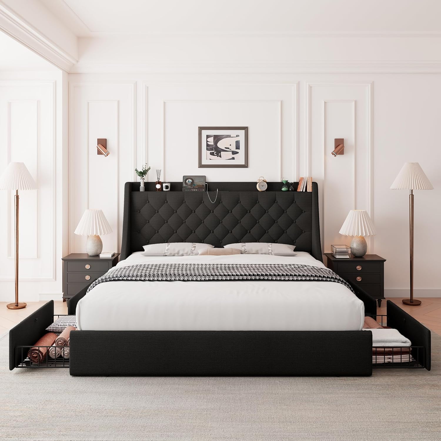 Feonase Upholstered Queen Size Bed Frame with 4 Storage Drawers, Large ...