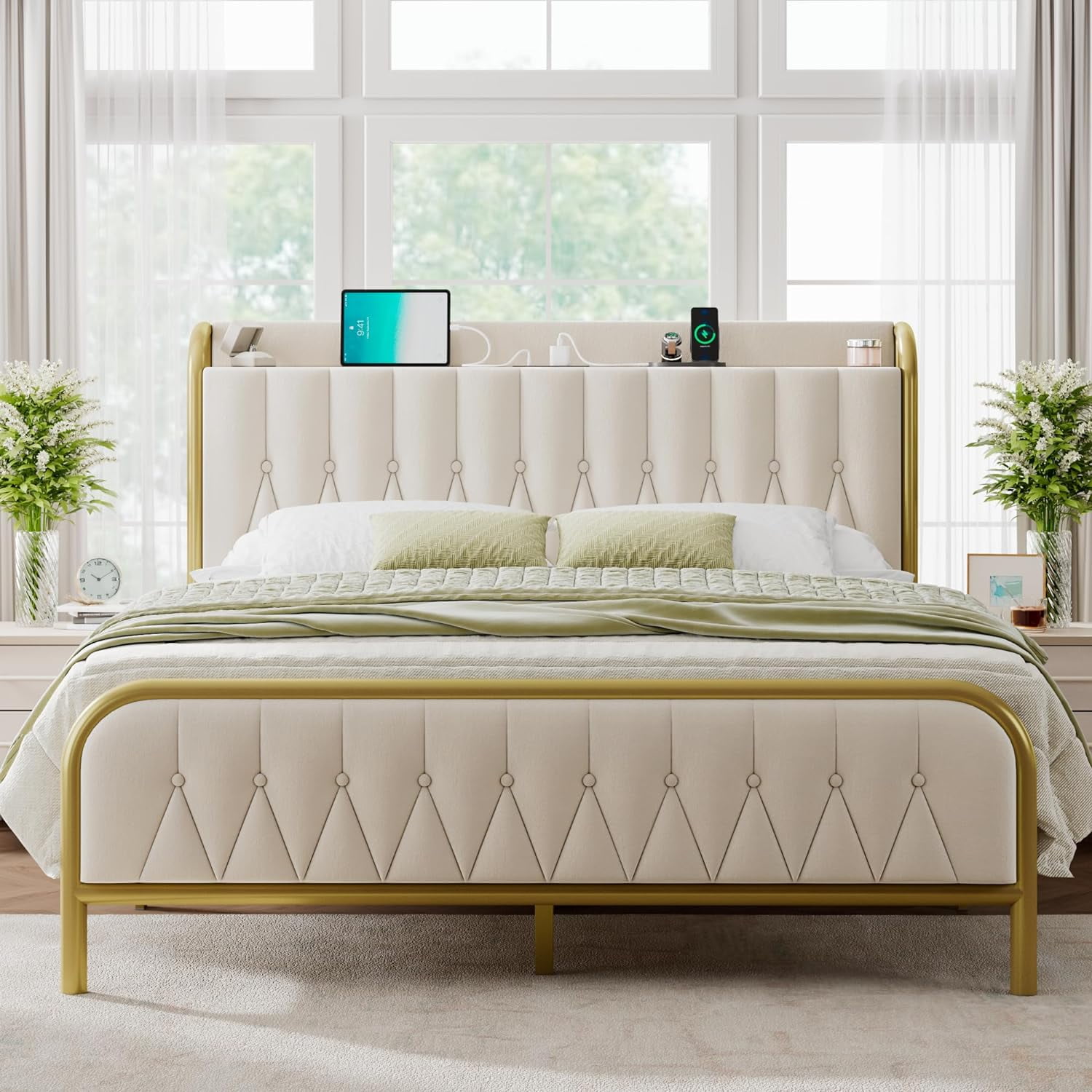 Feonase Velvet Queen Bed Frame with Type-C & USB Port, Metal Platform Beds, with Upholstered Headboard & Footboard, 12" Underbed Storage Space, Easy Assembly, Noise-Free, Gold&Beige