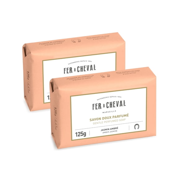 Fer à Cheval Amber Jasmine Marseille Soap Bars, Pack of 2 - Organic, All-Natural Body Cleanser with Argan Oil & Shea Butter - Gentle and Hypoallergenic - Luxurious Skin Care, 125g/4.41oz