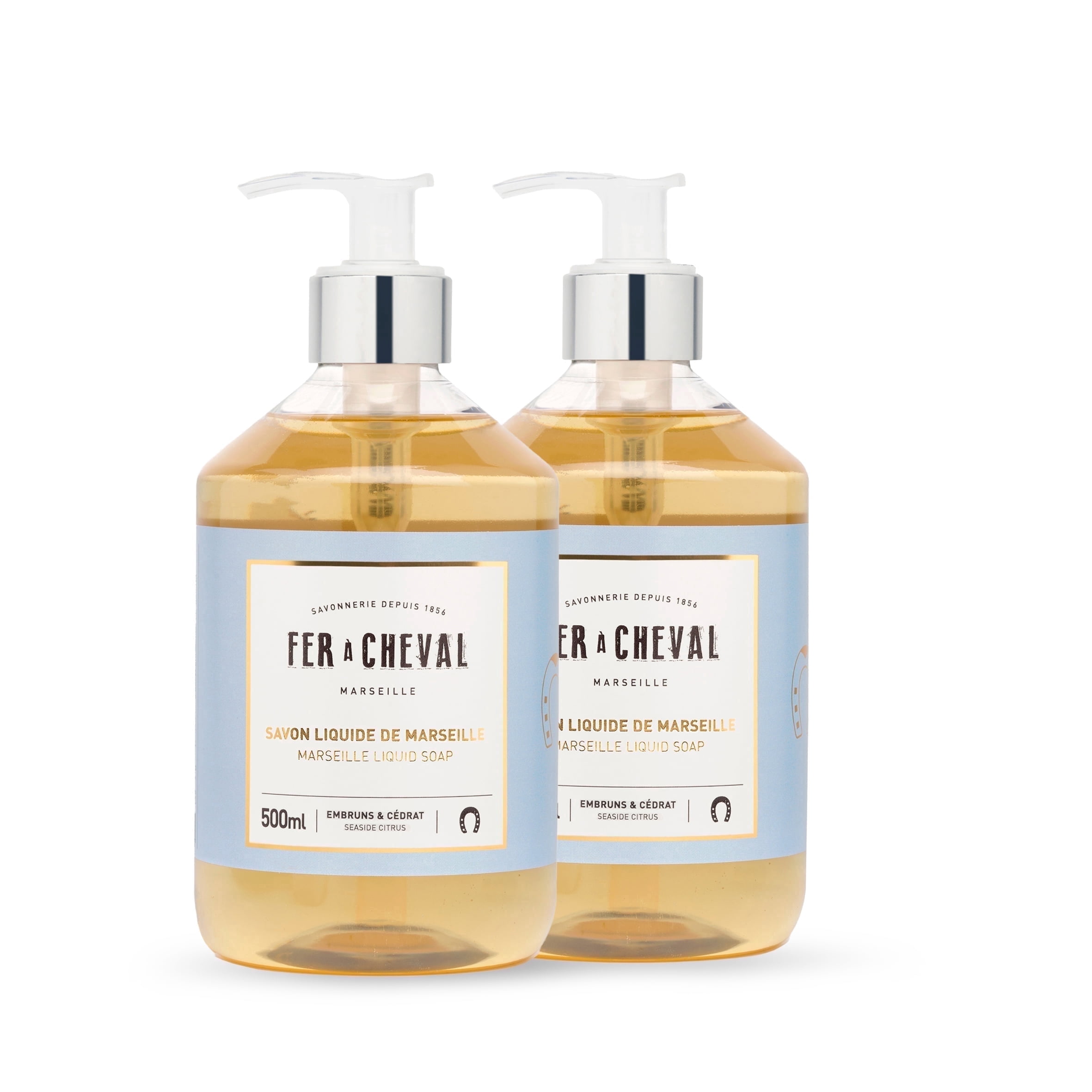 Fer à Cheval Marseille Liquid Soap, Luxury French Liquid Soap, Savon Liquide De Marseille, Seaside Citrus 500ml, Set of 2, 500ml/16.9 f oz