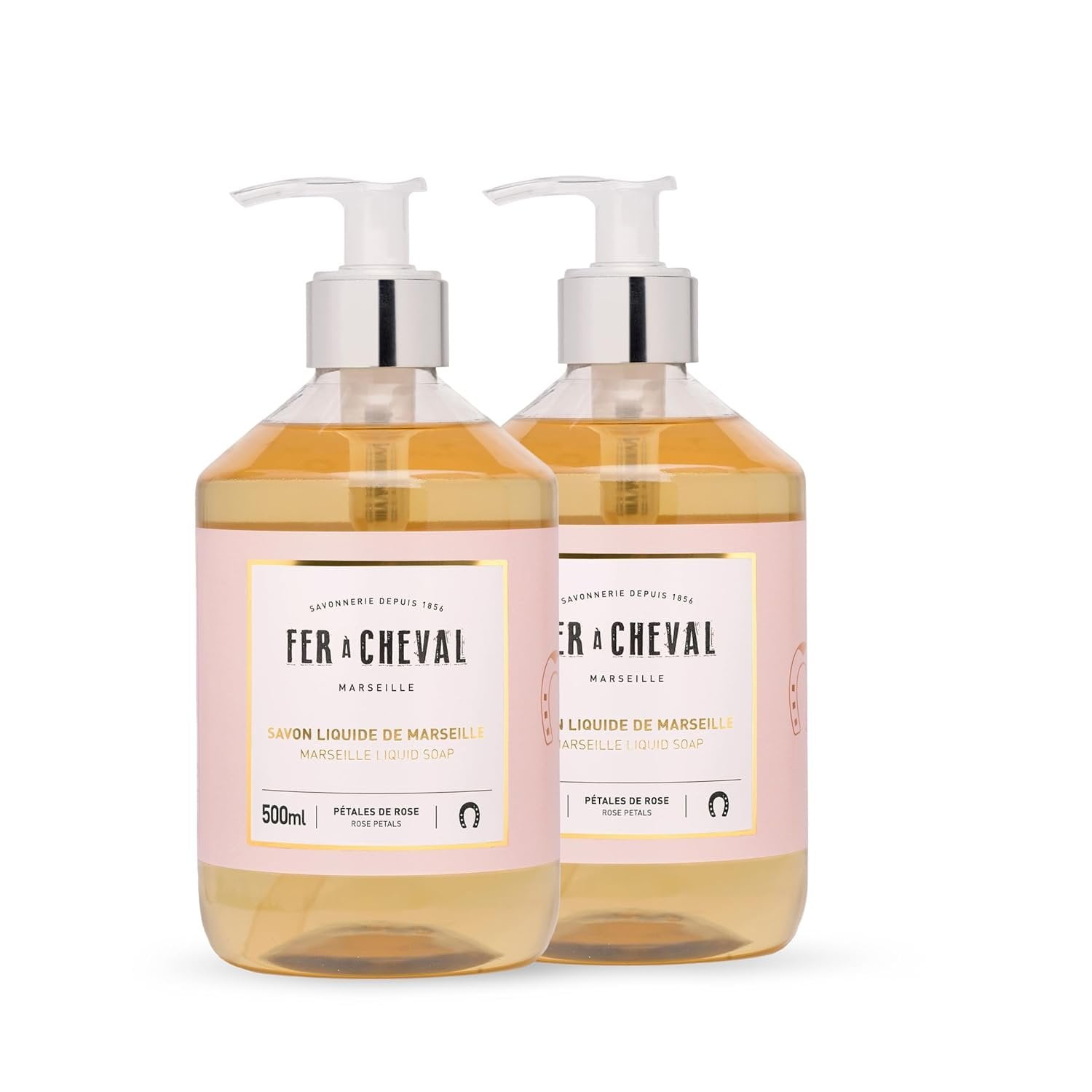 Fer Cheval Marseille Liquid Soap Rose Petal - Hydrating Hand Soap with Argan & Coconut Oil, No SLS/Parabens, 2-Pack