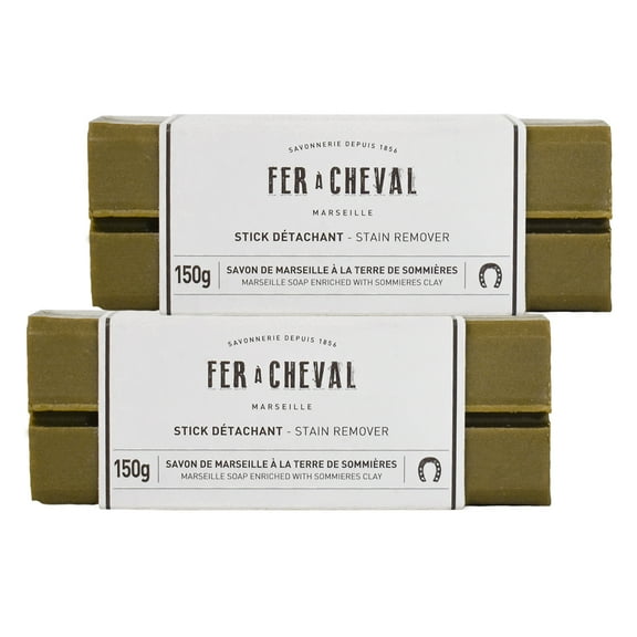 Fer à Cheval Marseille Soap Stain Remover Stick with Sommières Clay - Natural Fabric Stain Treatment, Eco-Friendly, Travel-Sized, 150g/5.29oz - 2 Pack