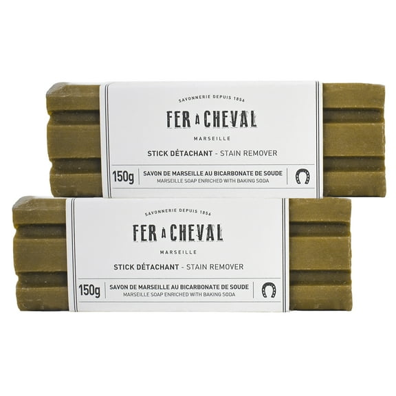 Fer à Cheval Marseille Soap Stain Remover Stick with Baking Soda 150g/5.29oz - Eco-Friendly, Precision Stain Removal for White Laundry - 2 Pack