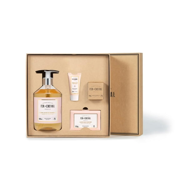 Fer à Cheval Tender Rose Gift Set | Pure Olive Oil Soap 100g/3.53oz, French Hand Cream 30ml/1.01Fl Oz, Moisturizing Bar Soap 125g/4.41oz, Liquid Marseille Soap 500ml/16.9 Fl Oz