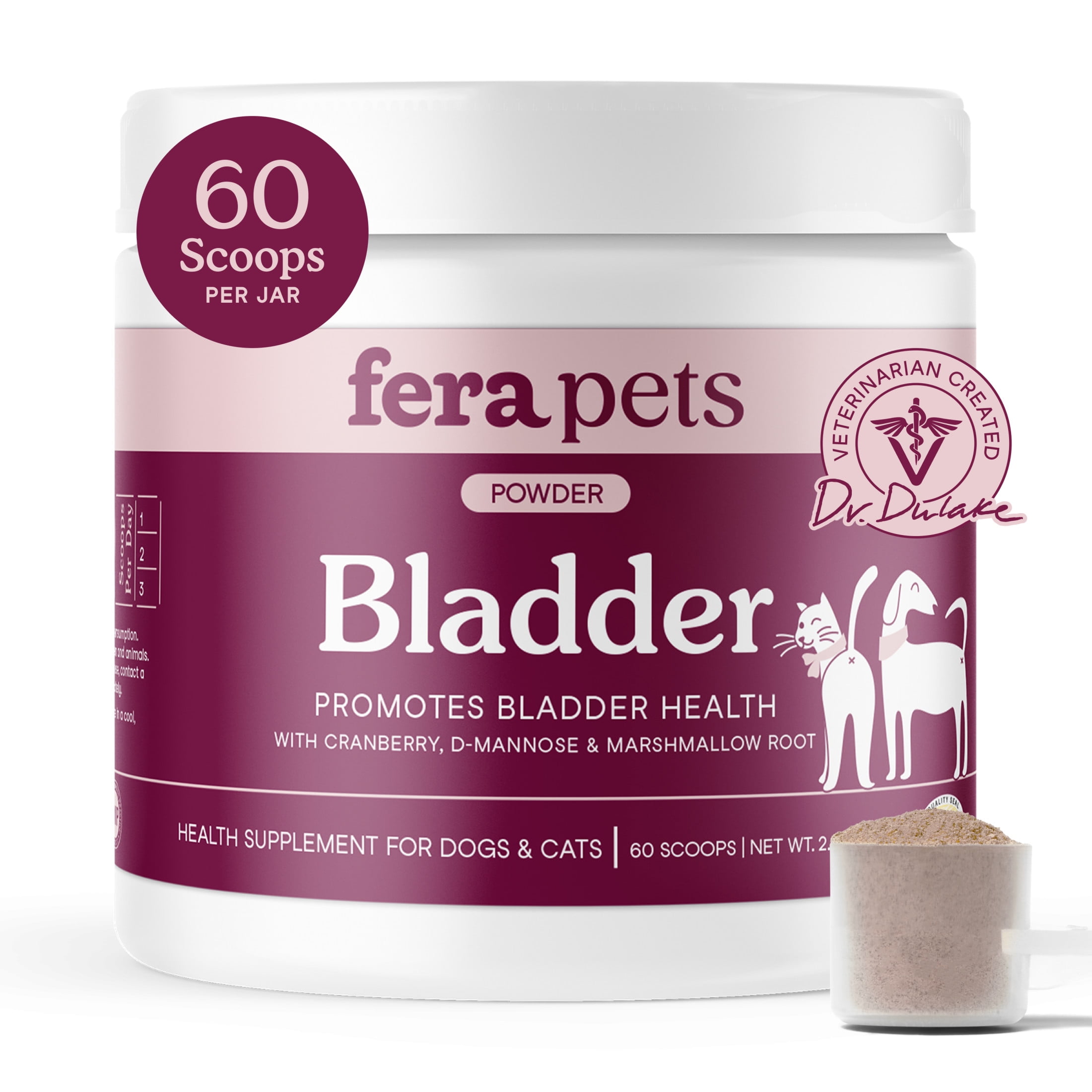 Fera Pets Bladder Support Powder - Cranberry for Dogs & Cats - Urinary Tract Health - 60 Scoops