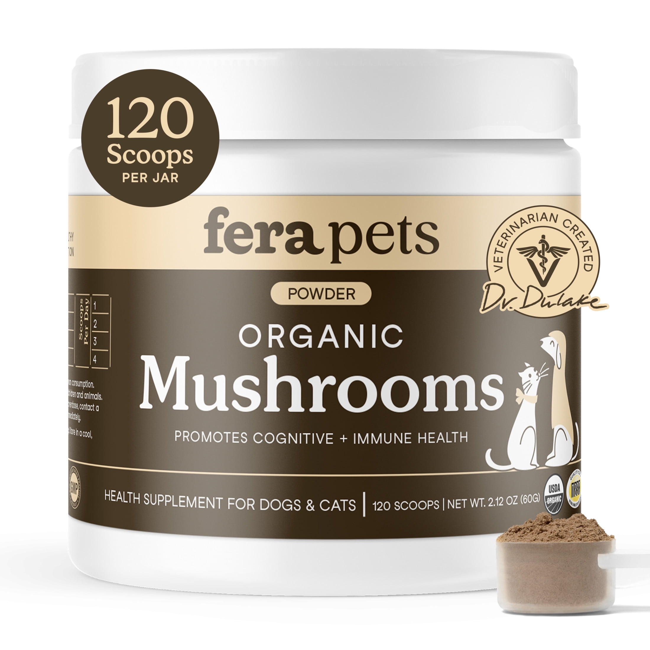 Fera Pets Mushroom Supplement for Dogs & Cats - With Turkey Tail - USDA Organic - Promotes Cognitive & Immune Health - 120 Scoops