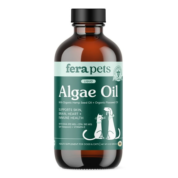 Fera Pets Algae Oil for Dogs & Cats with Vitamin E - Vegan Omega-3s - Immune, Heart, Brain & Skin Support - 8 oz