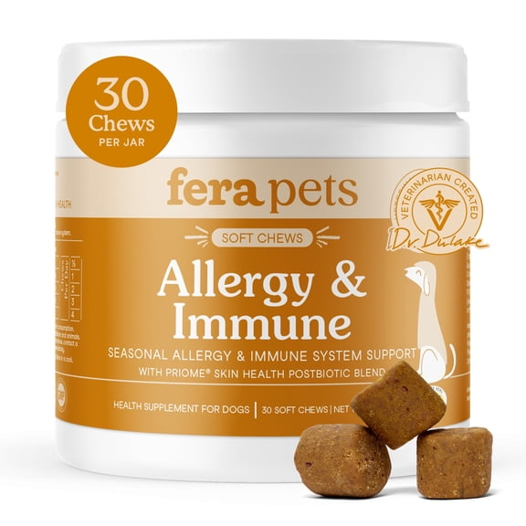 Fera Pets Dog Allergy Chews with Turkey Tail Mushrooms, Colostrum, & Postbiotics - Immune System & Gut Support - 30 Soft Chews