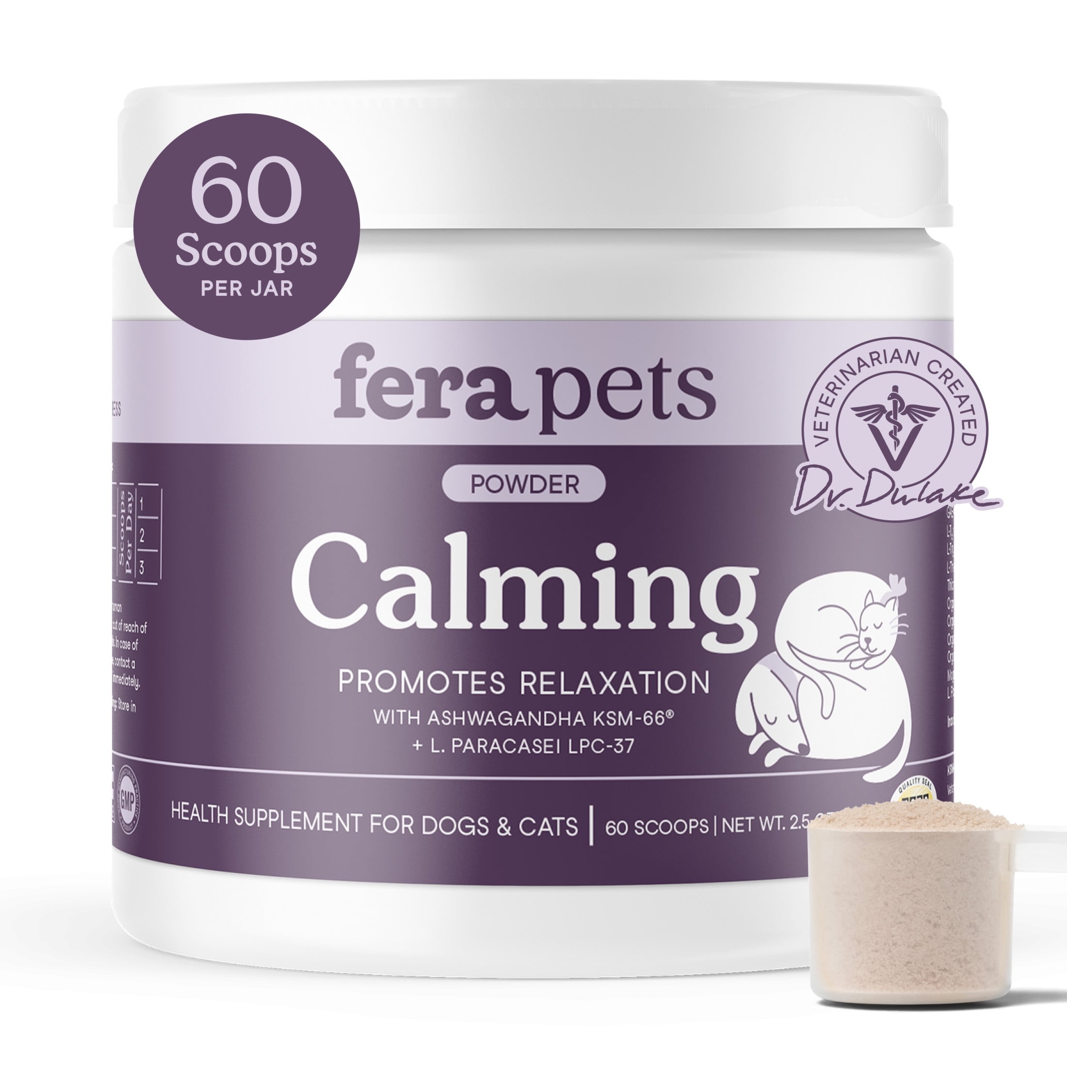 Fera Pets Cat & Dog Calming Powder - With Ashwagandha & L-Theanine - Promotes Stress Relief - 60 Scoops