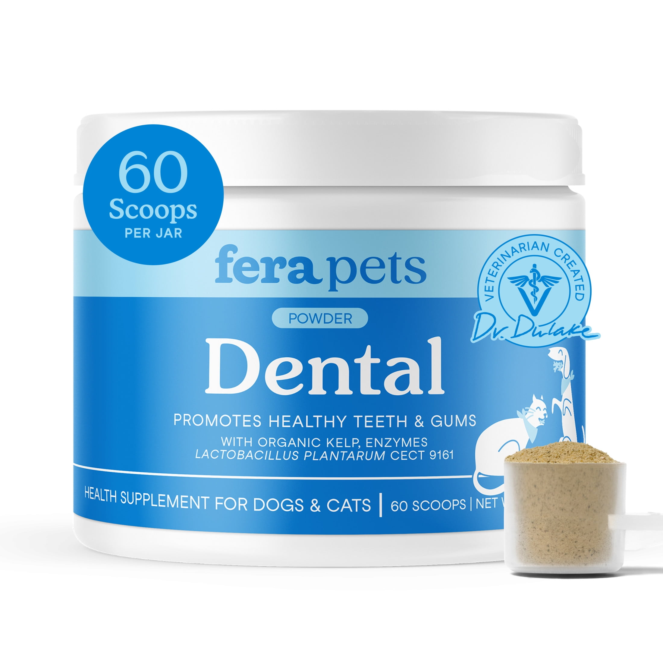 Fera Pets Cat & Dog Dental Powder - With Enzymes & Kelp - Supports Oral Health & Fresh Breath - 60 Scoops