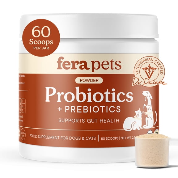 Fera Pets Dog & Cat Probiotics Powder with Prebiotics - USDA Organic - Gut Health Support - 60 Scoops