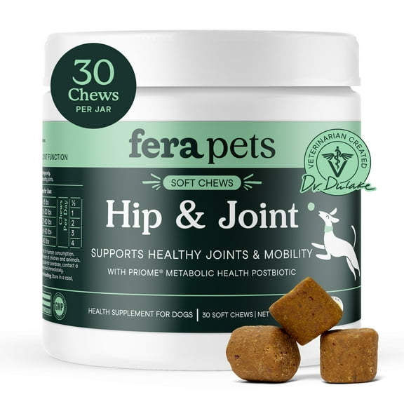 Fera Pets Dog Hip & Joint Supplement - With Turmeric & Glucosamine - Supports Mobility & Weight Management - 30 Soft Chews