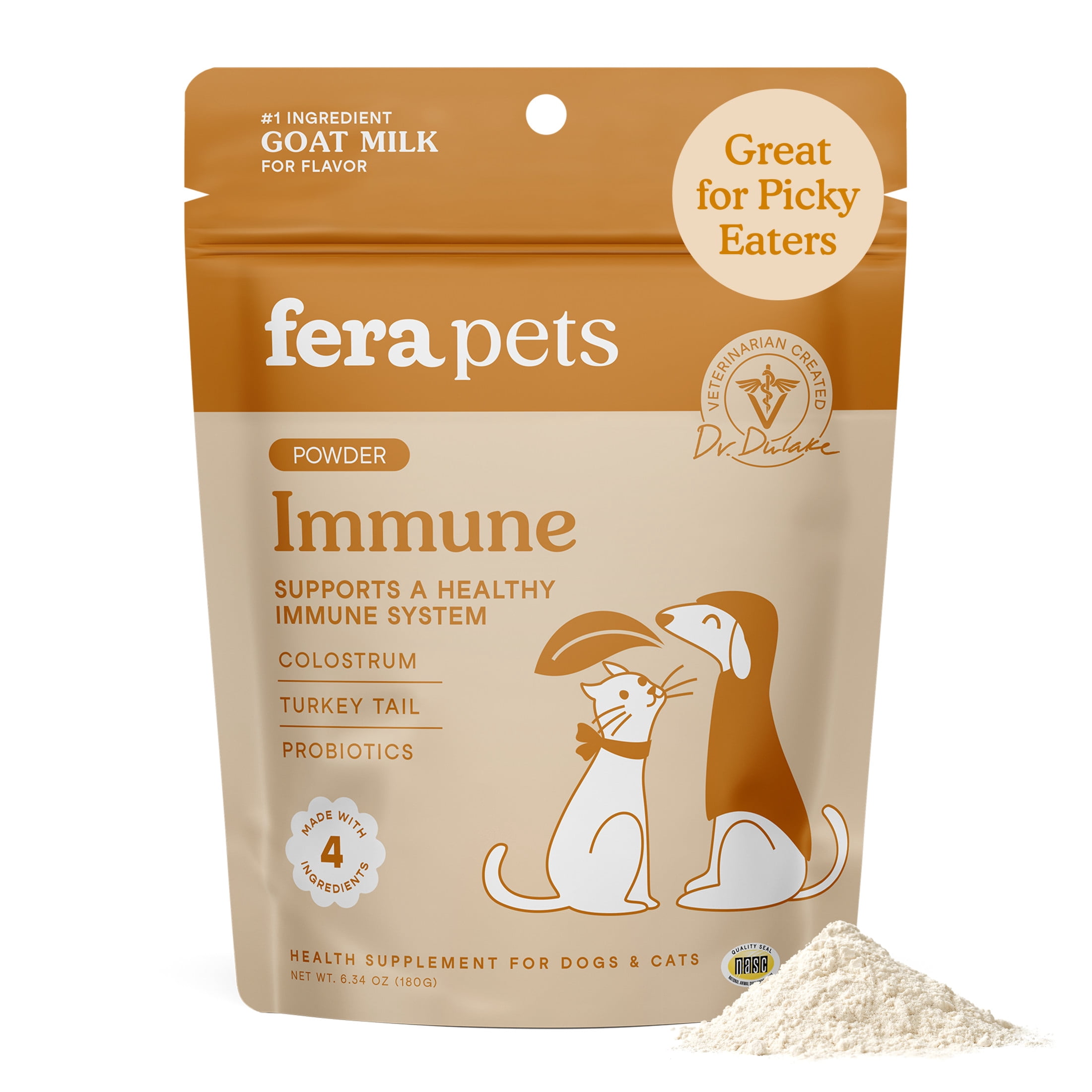Fera Pets Immune Goat Milk for Dogs & Cats - With Colostrum, Turkey Tail Mushroom, & Probiotics - 60 Servings