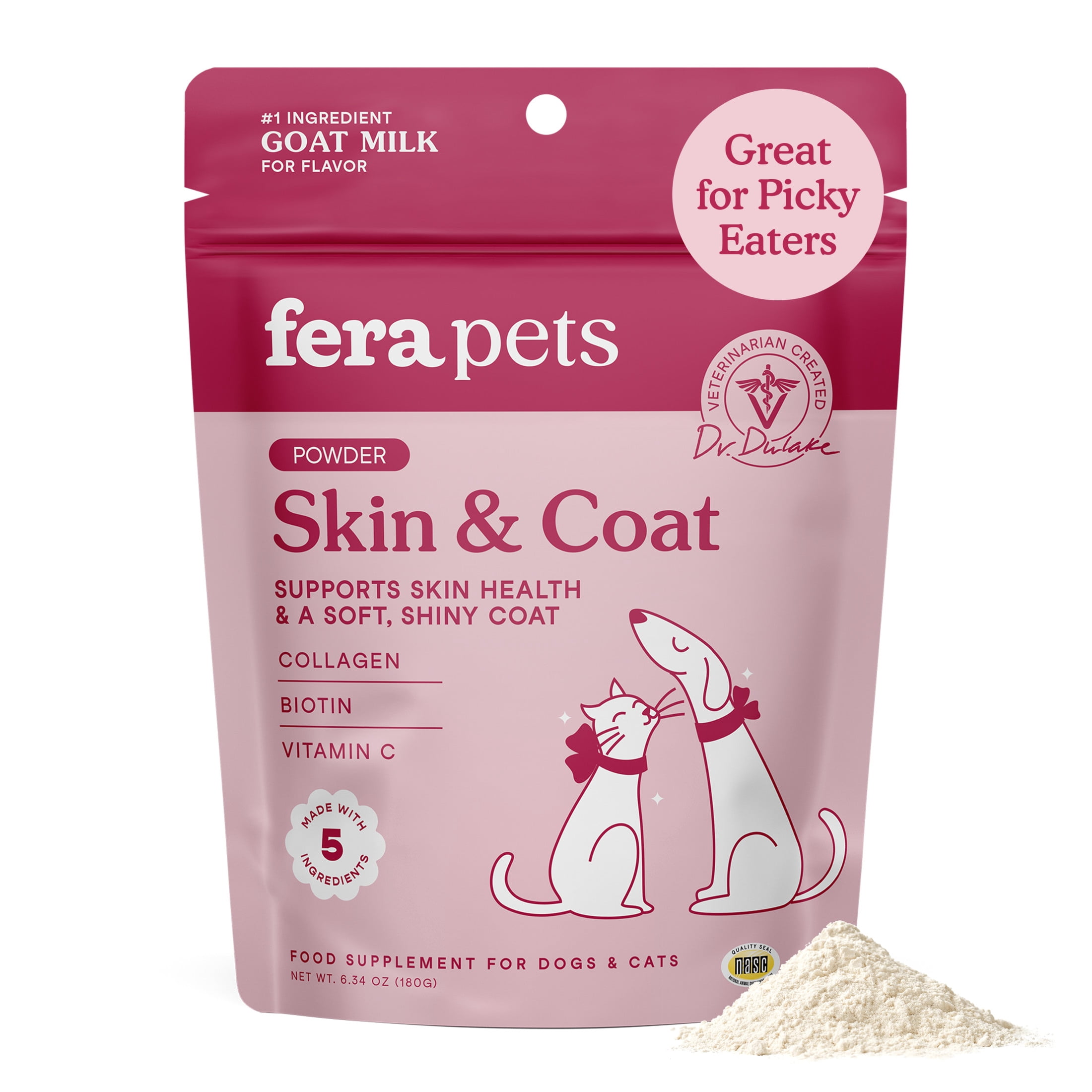 Fera Pets Skin & Coat Goat Milk Topper for Dogs & Cats - With Collagen & Biotin - 60 Servings
