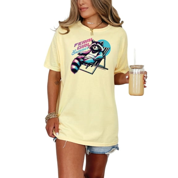 Ferai Girl Summer T-Shirt, Relaxing Raccoon T-Shirt, Cute Animal Graphic Tee, Summer Vibes T-Shirt, Casual Fun Tee, Butter Comfort Colors T-Shirt, XL