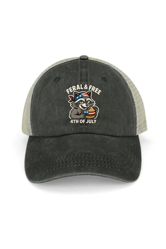 Feral And Free Racoon 4Th Of July Black Unisex Vintage Washed Cotton Baseball Cap Adjustable Size Dad Hat