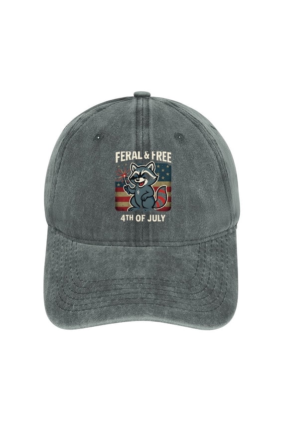 Feral And Free Racoon 4Th Of July Gray Unisex Vintage Washed Cotton Baseball Cap Adjustable Size Dad Hat