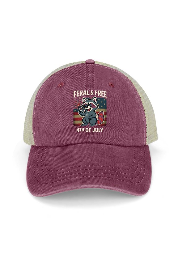 Feral And Free Racoon 4Th Of July Wine Red Baseball Cap 100% Cotton Hats for Men Hats for Women