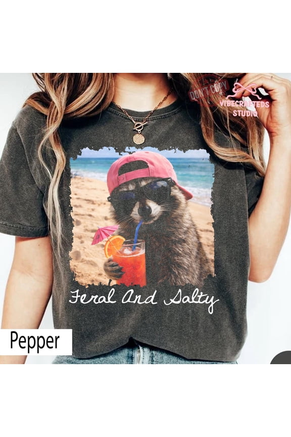 Feral And Salty T-Shirt, Funny Beach Raccoon Shirt, Salty Summer Vacation Graphic Tee, Coastal Raccoon Meme Shirt, Unisex T-Shirt